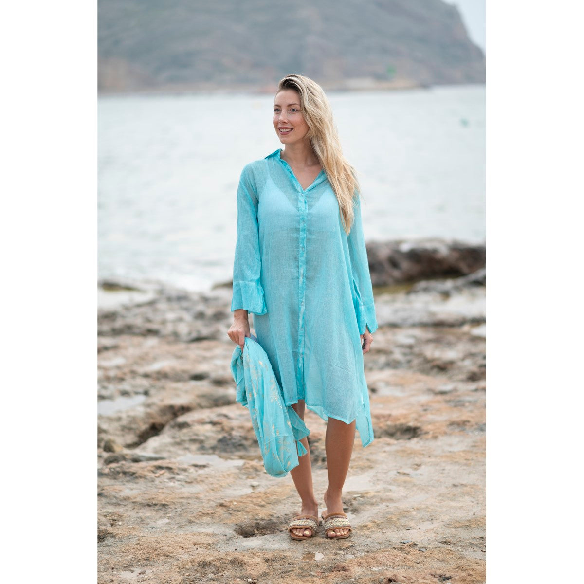 Shirt Dress with Embellished Eye in Teal