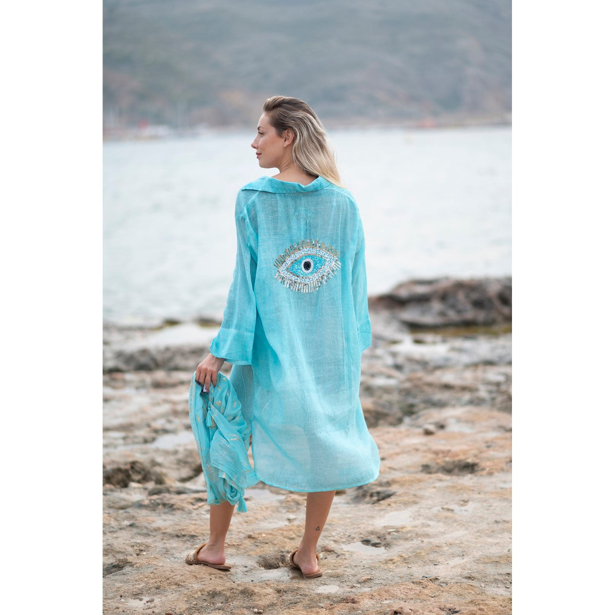 Shirt Dress with Embellished Eye in Teal