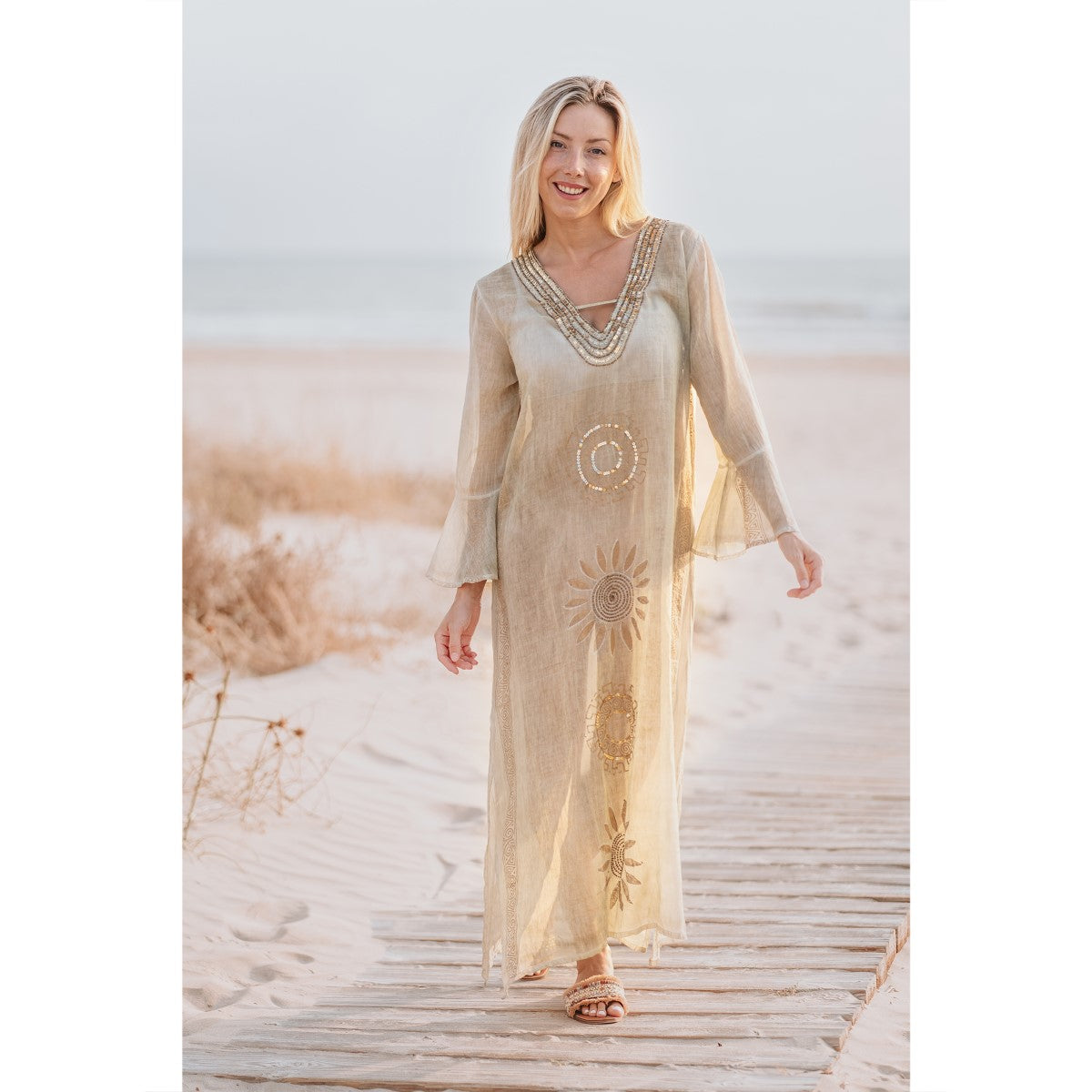 Golden Sun Embellished Maxi Dress in Washed Green