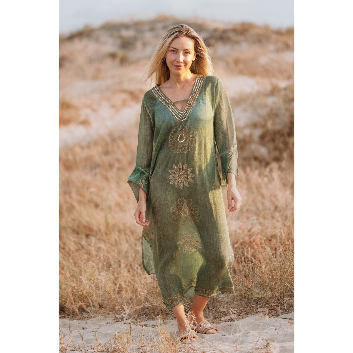 Golden Sun Embellished Maxi Dress in Washed Olive