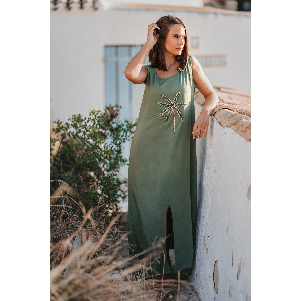 Sleeveless Long Dress in Green Palm