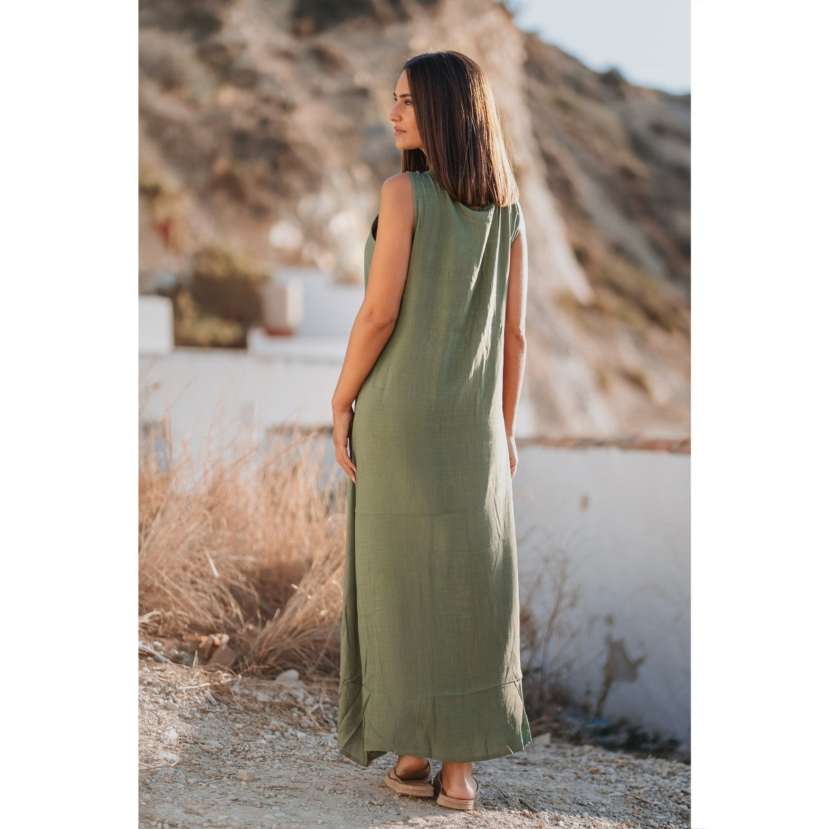 Sleeveless Long Dress in Green Palm