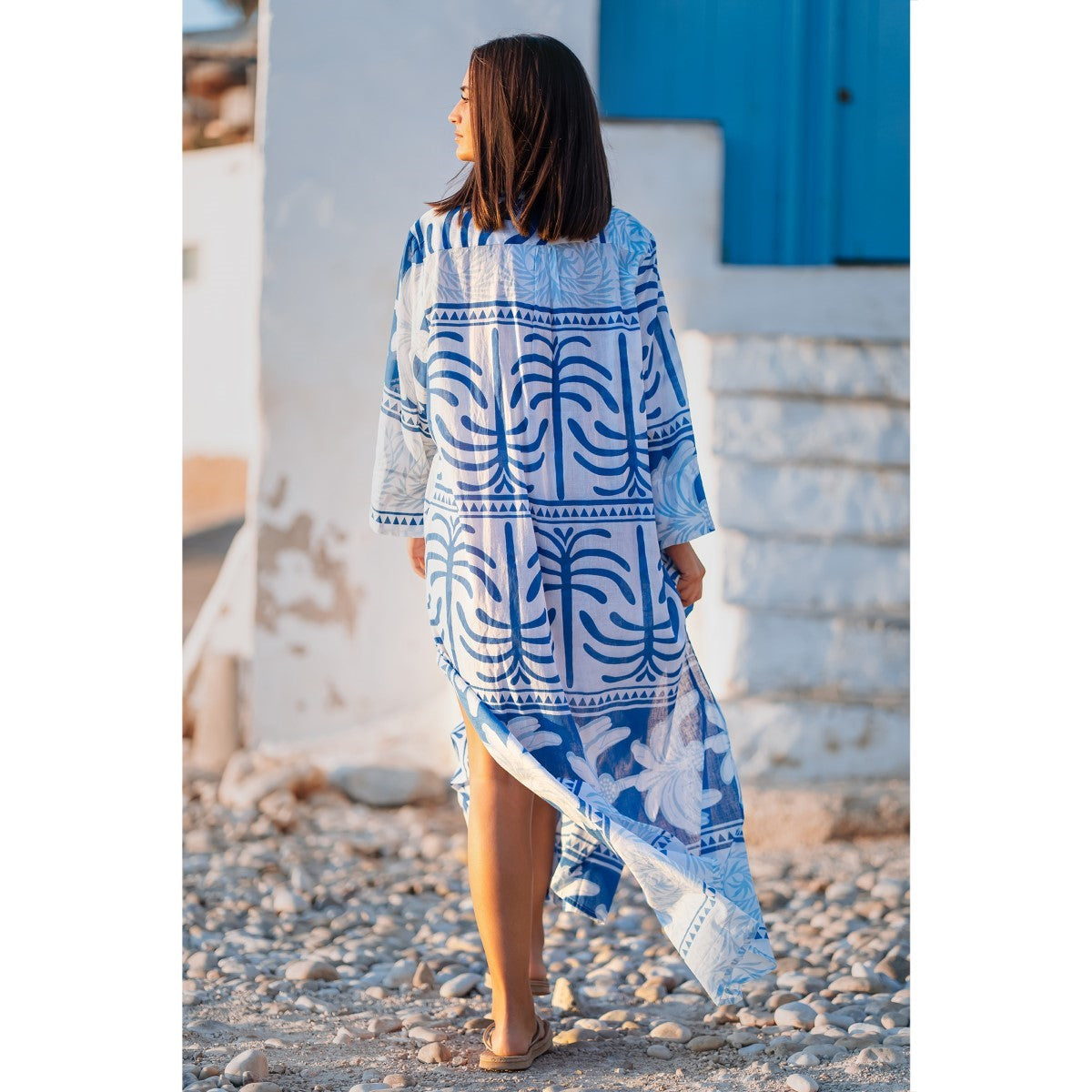 Mandarin Collar Long Dress in White / Royal