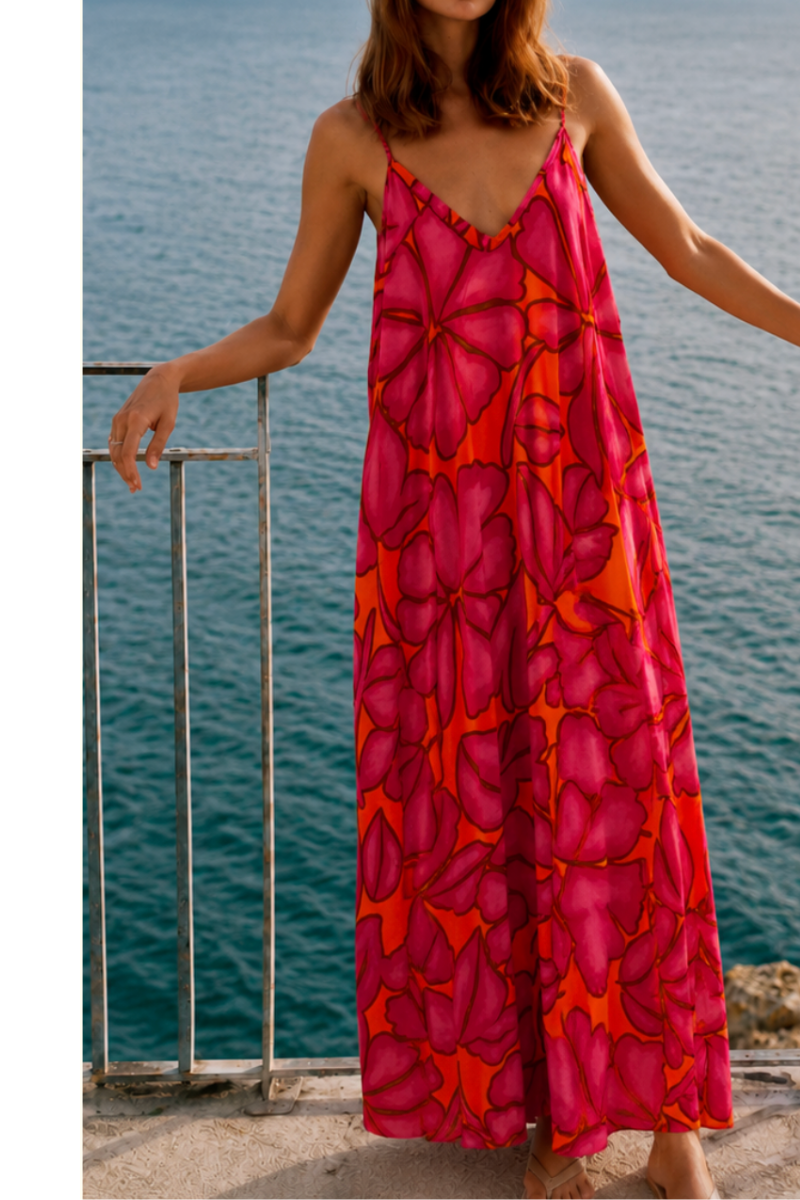 Maxi Abstract Strappy Dress in Pink Floral