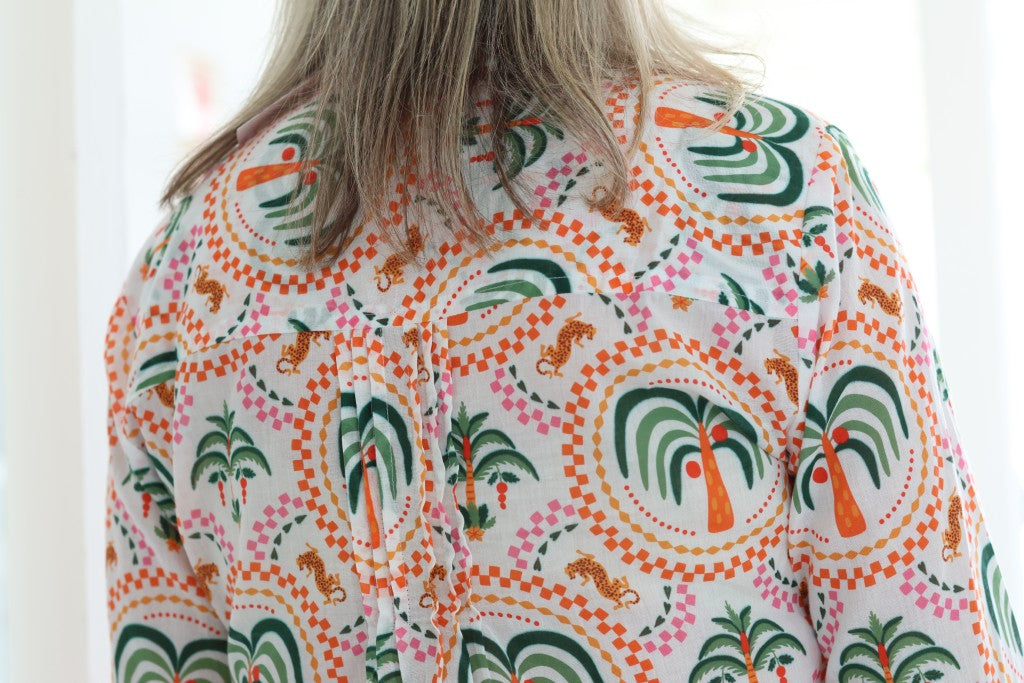 Mandarin Pin Tuck Dress in Orange Palm