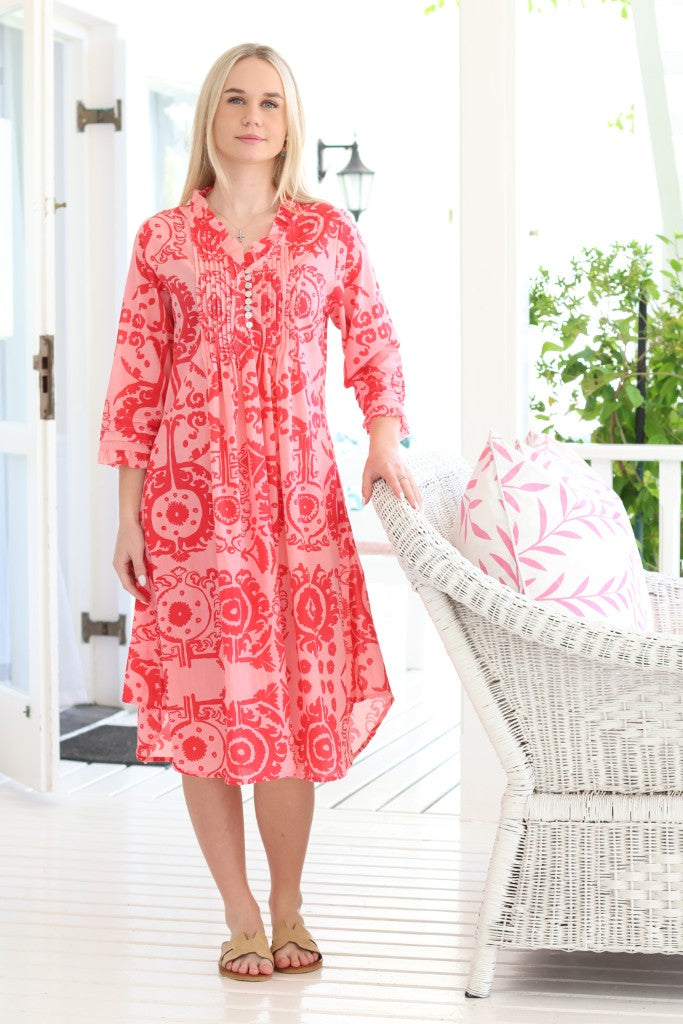 Frill Pin Tuck Dress in Red Print