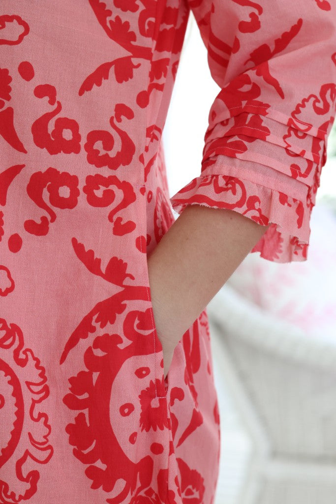 Frill Pin Tuck Dress in Red Print