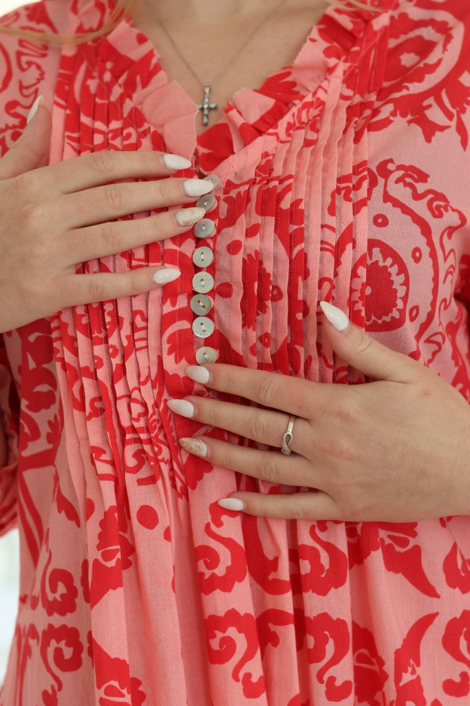 Frill Pin Tuck Dress in Red Print
