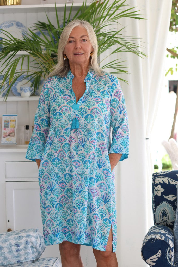 Tina Tassel Dress in Blue Seashell