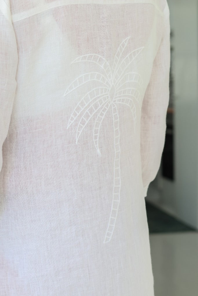 Linen Shirt Dress in White Palm