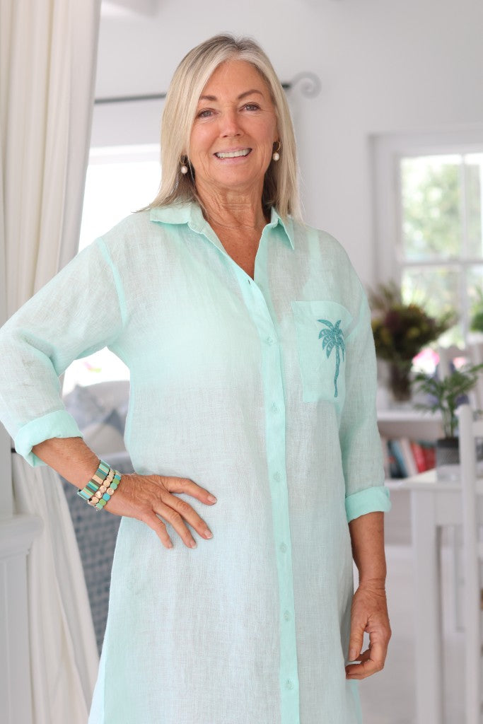 Linen Shirt Dress in Pale Turquoise Palm