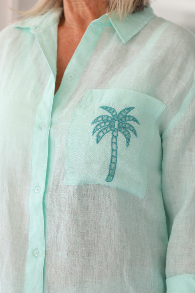 Linen Shirt Dress in Pale Turquoise Palm