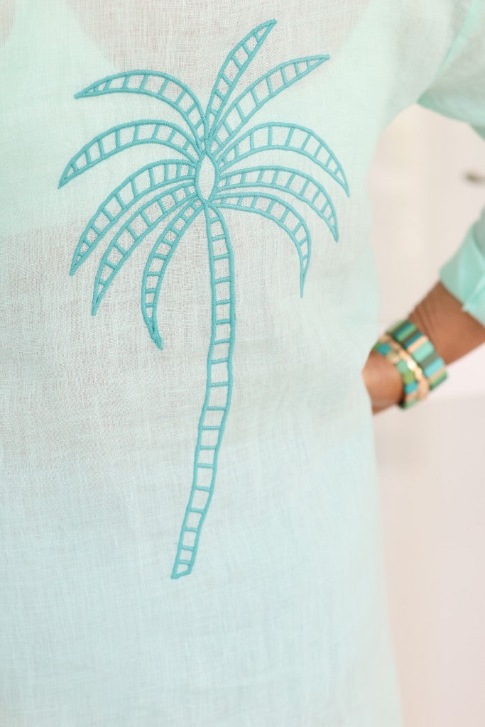 Linen Shirt Dress in Pale Turquoise Palm