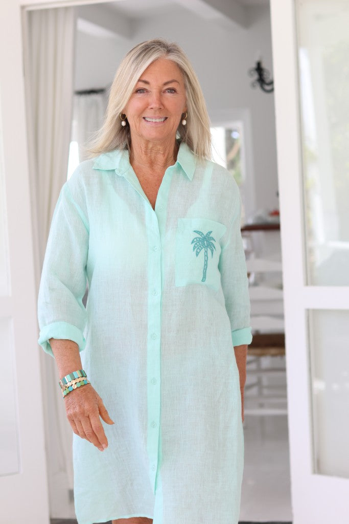 Linen Shirt Dress in Pale Turquoise Palm