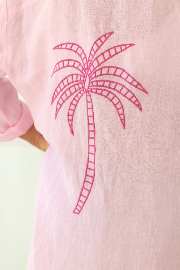 Linen Shirt Dress in Pink Palm