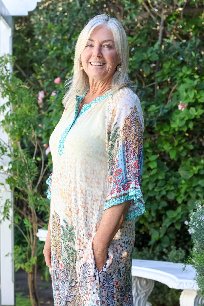 Ava Dress in Beige / Blue