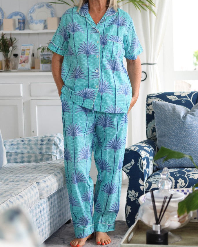 Cotton PJ Long Pants Set in Turquoise / Lilac Palms