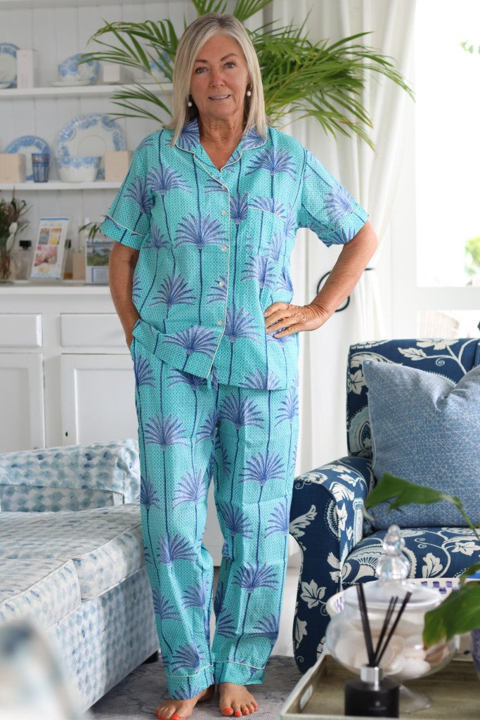 Cotton PJ Long Pants Set in Turquoise / Lilac Palms