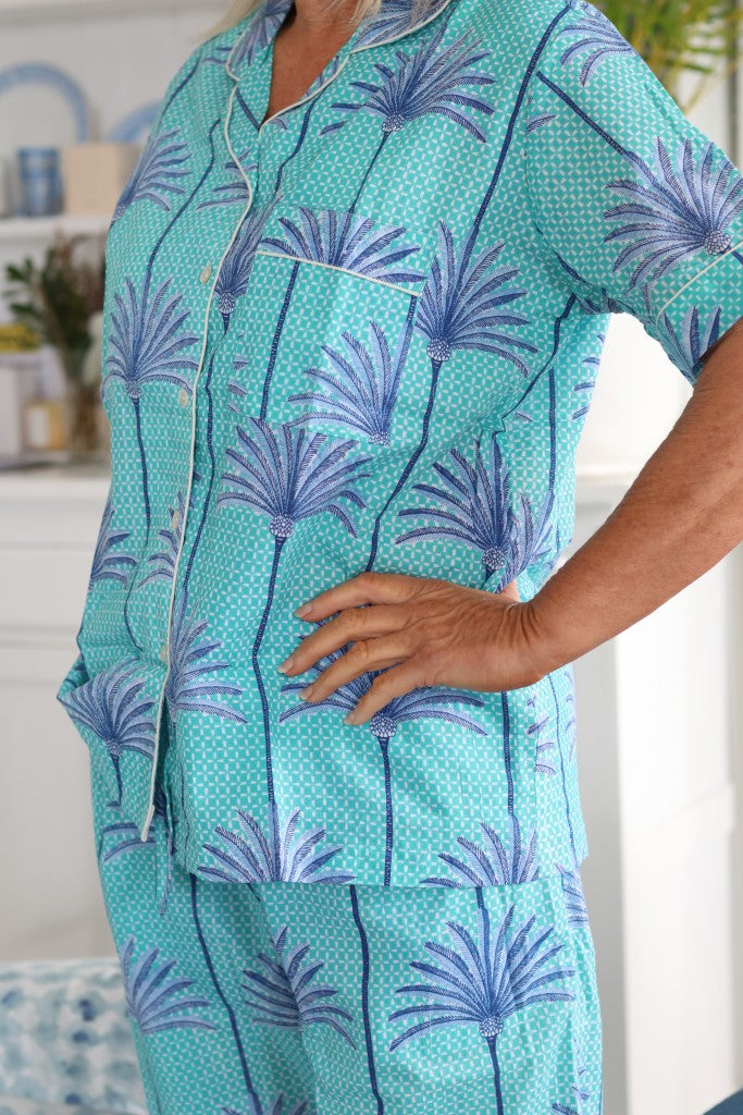 Cotton PJ Long Pants Set in Turquoise / Lilac Palms