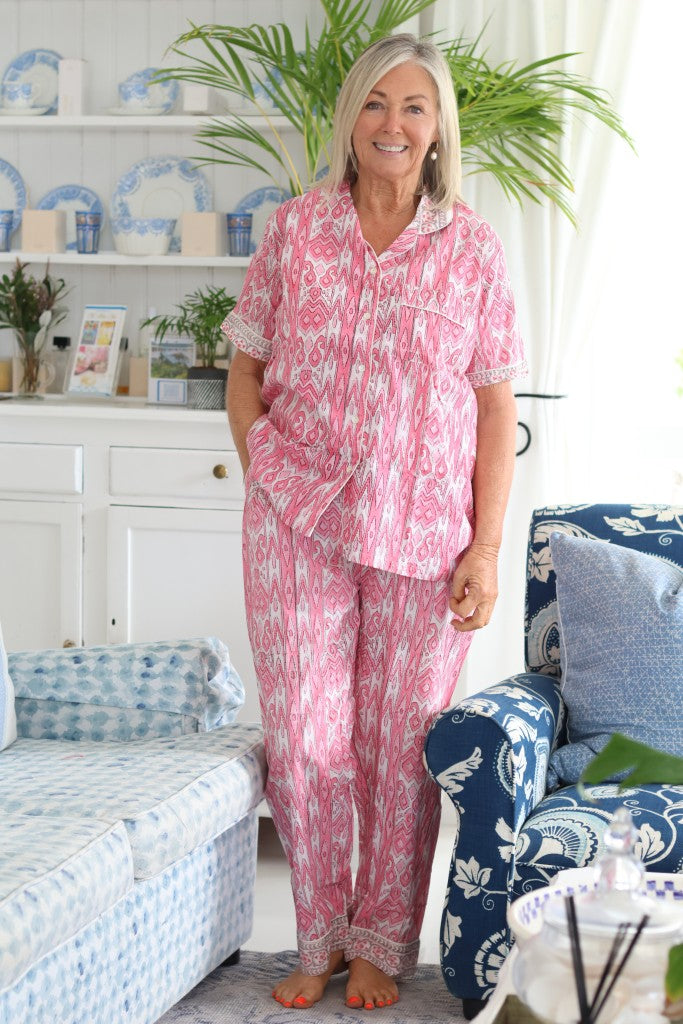 Cotton PJ Long Pants Set in Pink Ikat