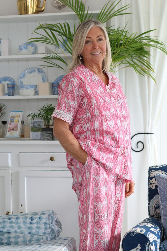 Cotton PJ Long Pants Set in Pink Ikat