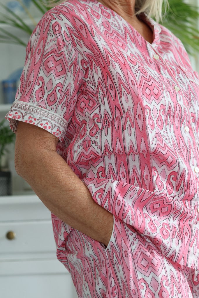 Cotton PJ Long Pants Set in Pink Ikat