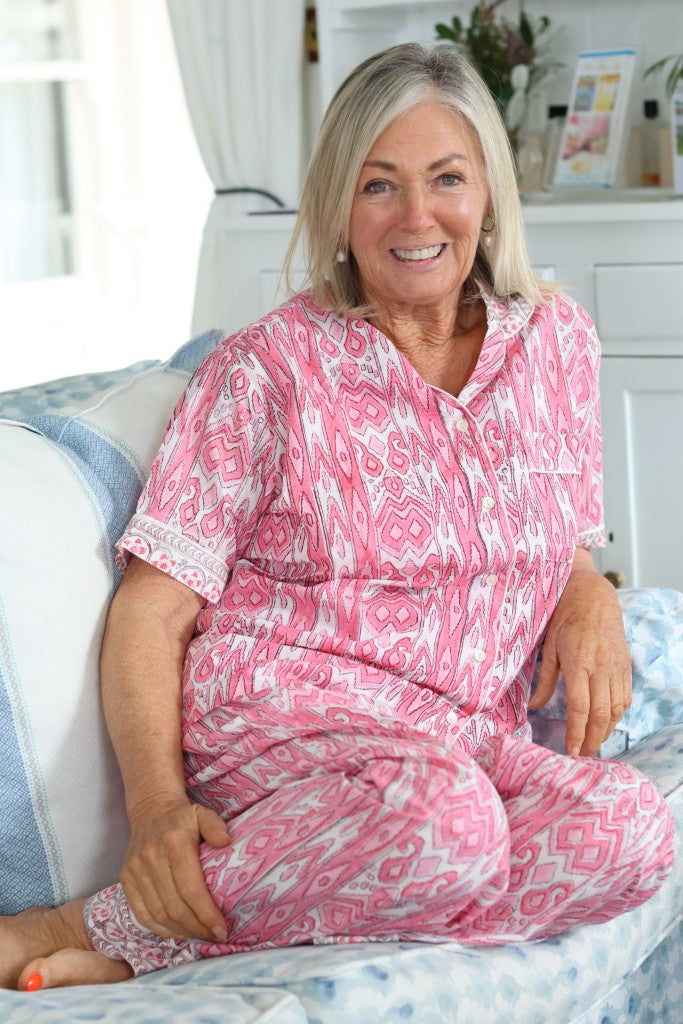 Cotton PJ Long Pants Set in Pink Ikat