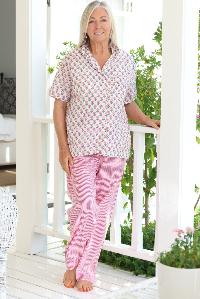 Cotton PJ Long Pants Set in Pink Stripe