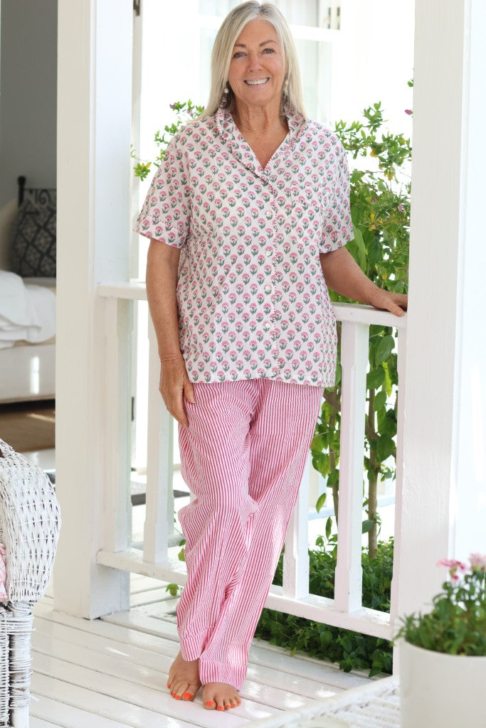 Cotton PJ Long Pants Set in Pink Stripe