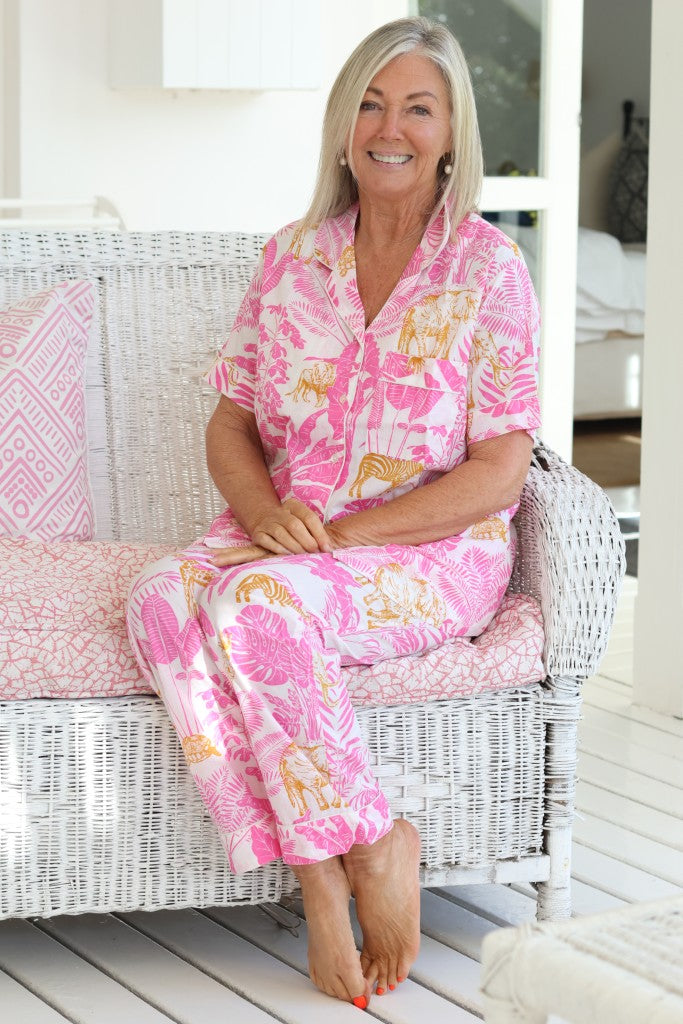 Cotton PJ Long Pants Set in Pink Safari