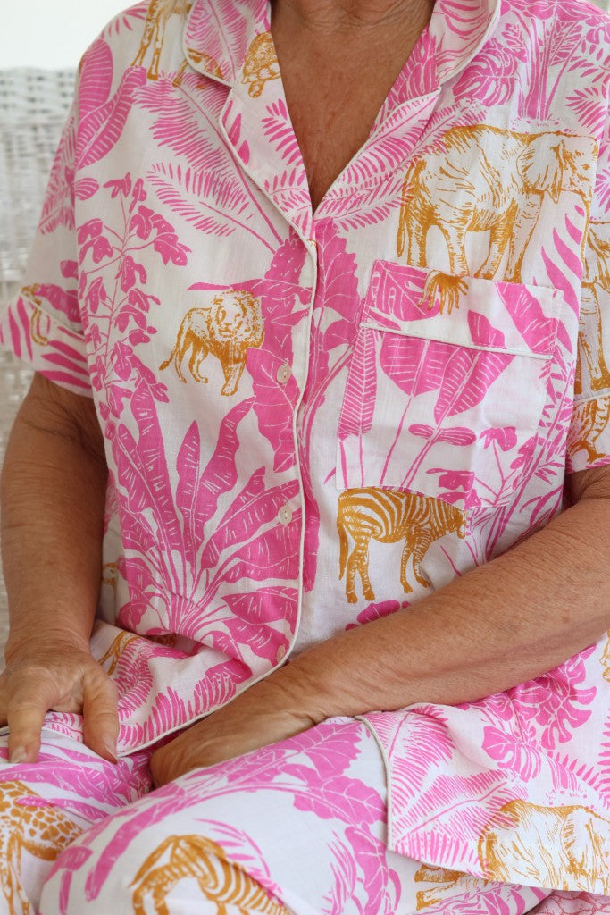 Cotton PJ Long Pants Set in Pink Safari
