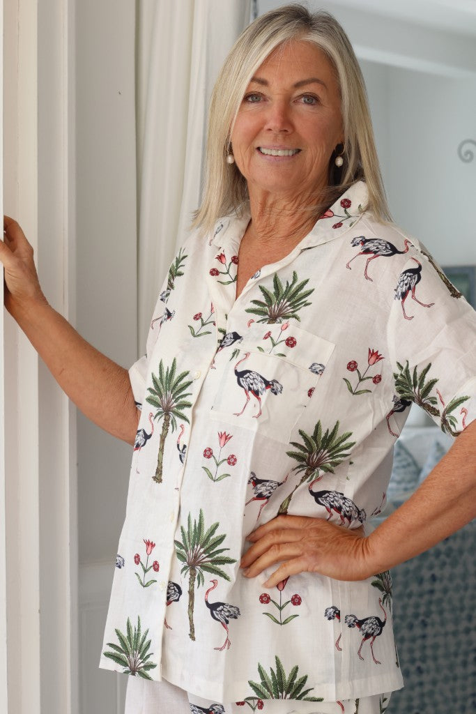 Cotton PJ Long Pants Set in White Ostrich