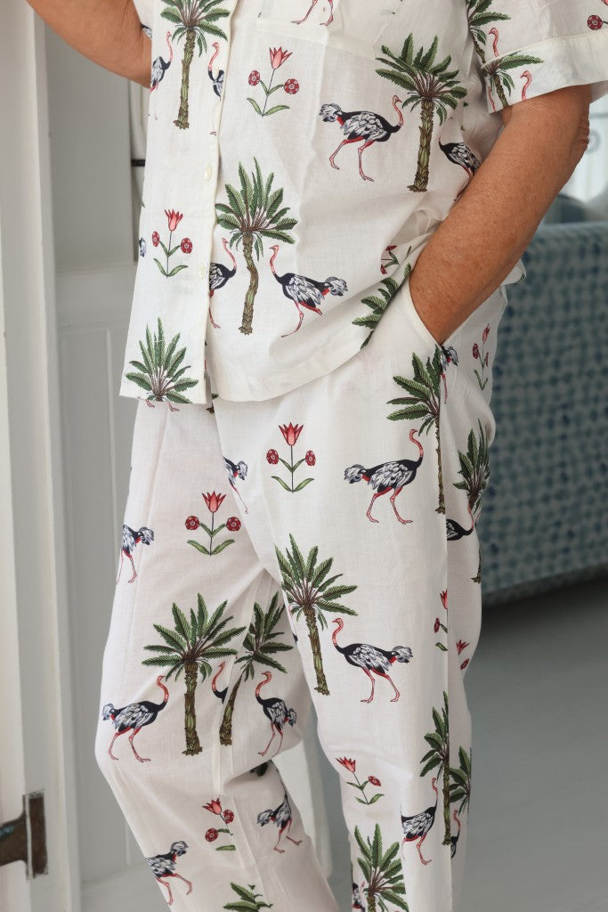 Cotton PJ Long Pants Set in White Ostrich