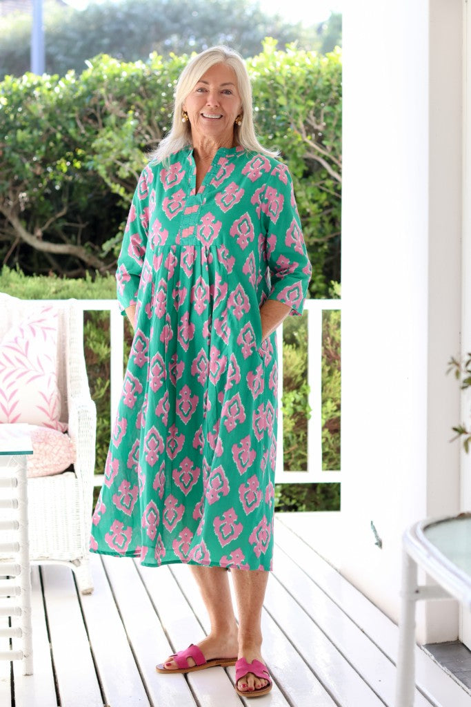 Front Pleat Dress in Green / Pink