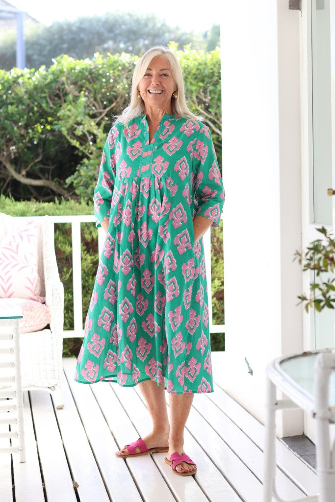 Front Pleat Dress in Green / Pink
