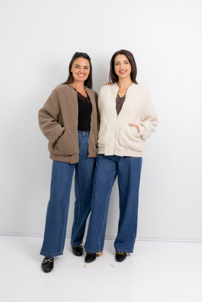 Arcadia Lined Teddy Zipper Jacket in Mocha