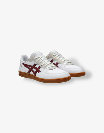 Mens Skyhand OG in White / Brisket Red, sneakers with red accents on a white background
