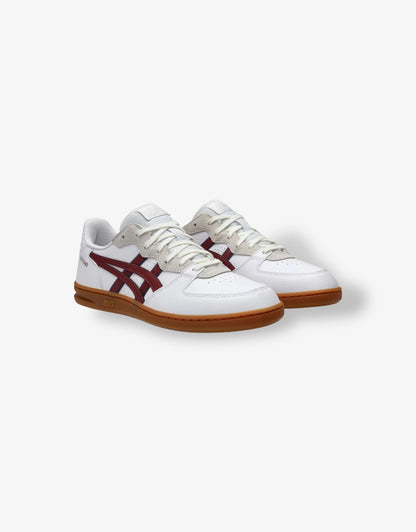 Mens Skyhand OG in White / Brisket Red, sneakers with red accents on a white background
