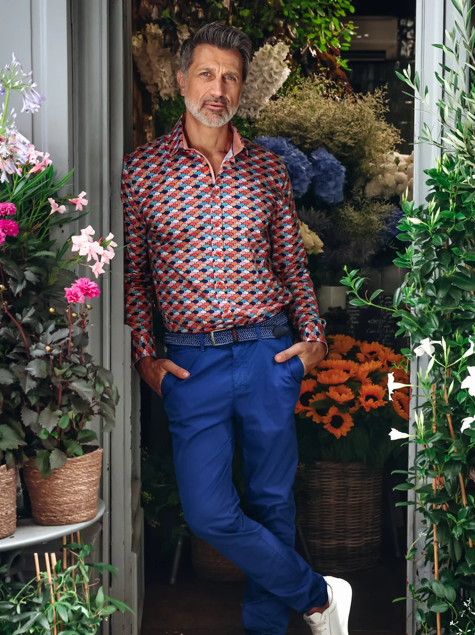 Cotton Blend Garment Dyed Chinos in Cobalt
