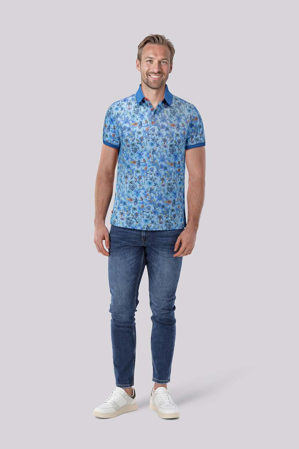 Floral SS Polo in Aqua Blue
