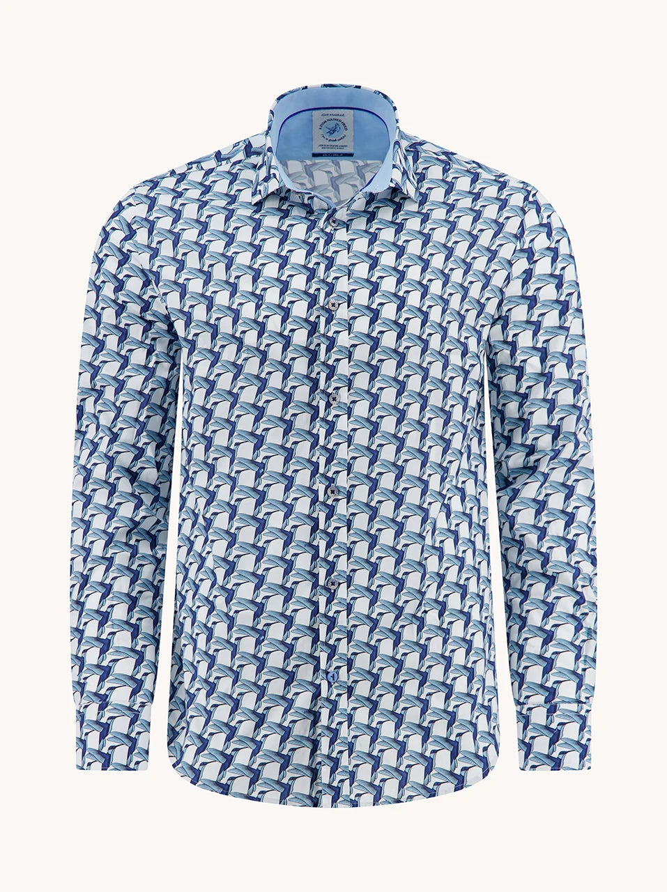 Geometric Birds Stretch LS Cotton Shirt in Cobalt