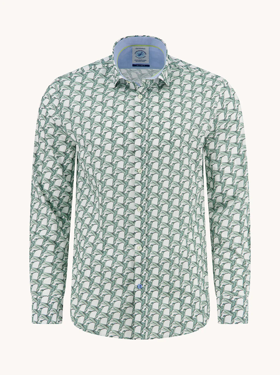 Geometric Birds Stretch LS Cotton Shirt in Thyme