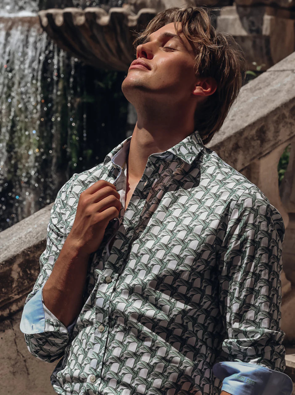 Geometric Birds Stretch LS Cotton Shirt in Thyme