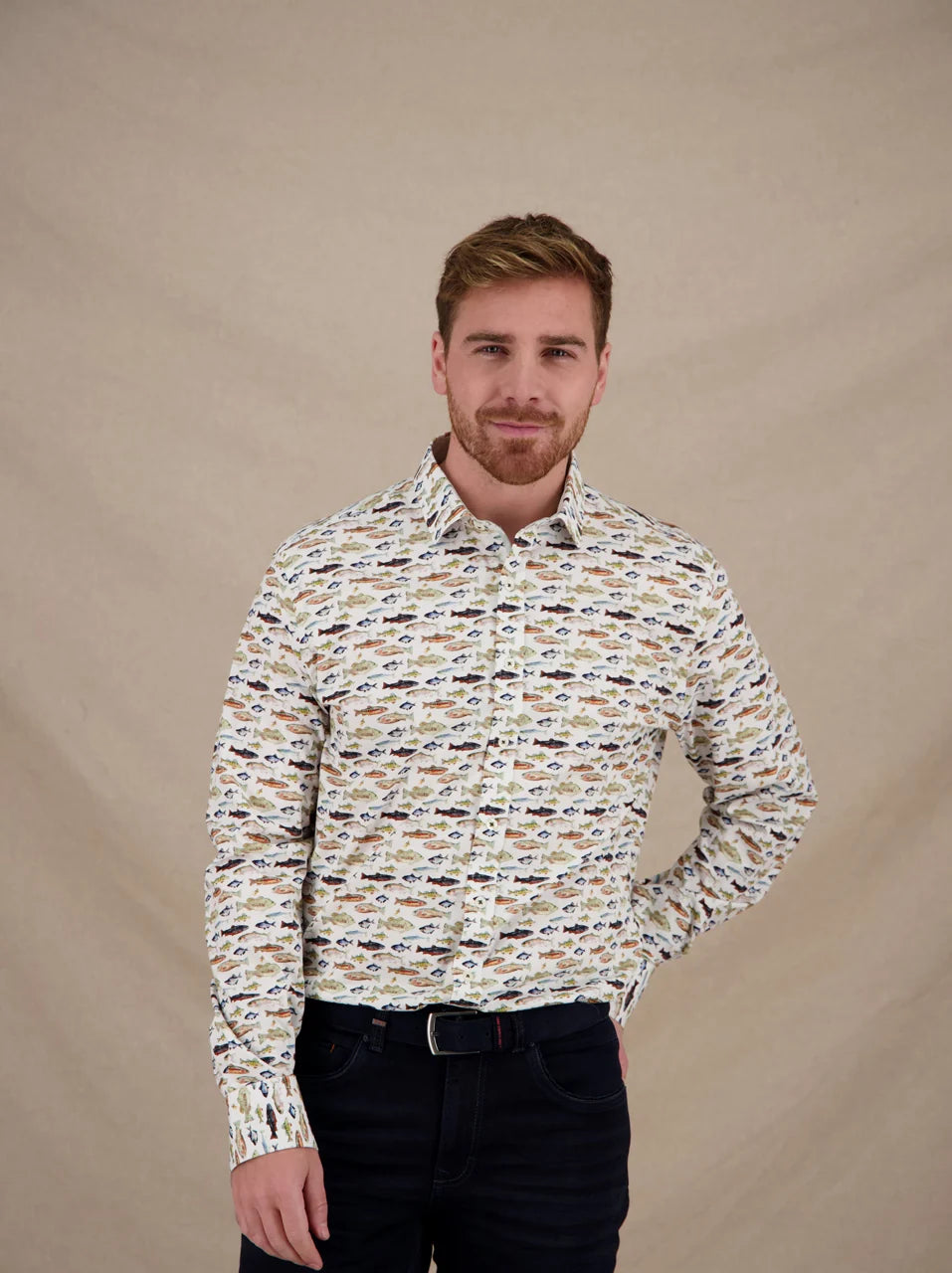 Small Fishes Stretch LS Cotton Shirt in Green