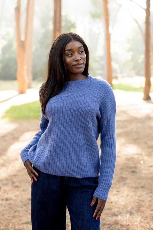 Antica Rib Knit Sweater in Denim