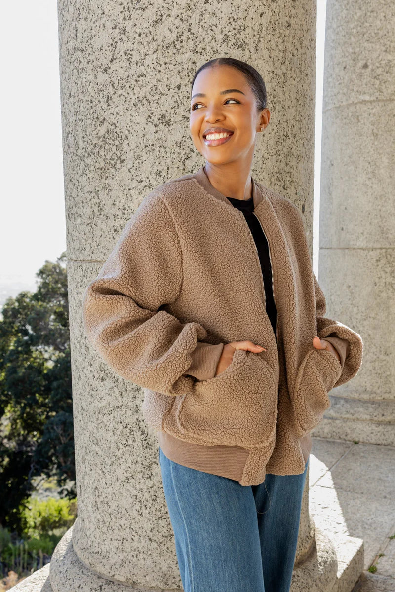 Arcadia Lined Teddy Zipper Jacket in Mocha
