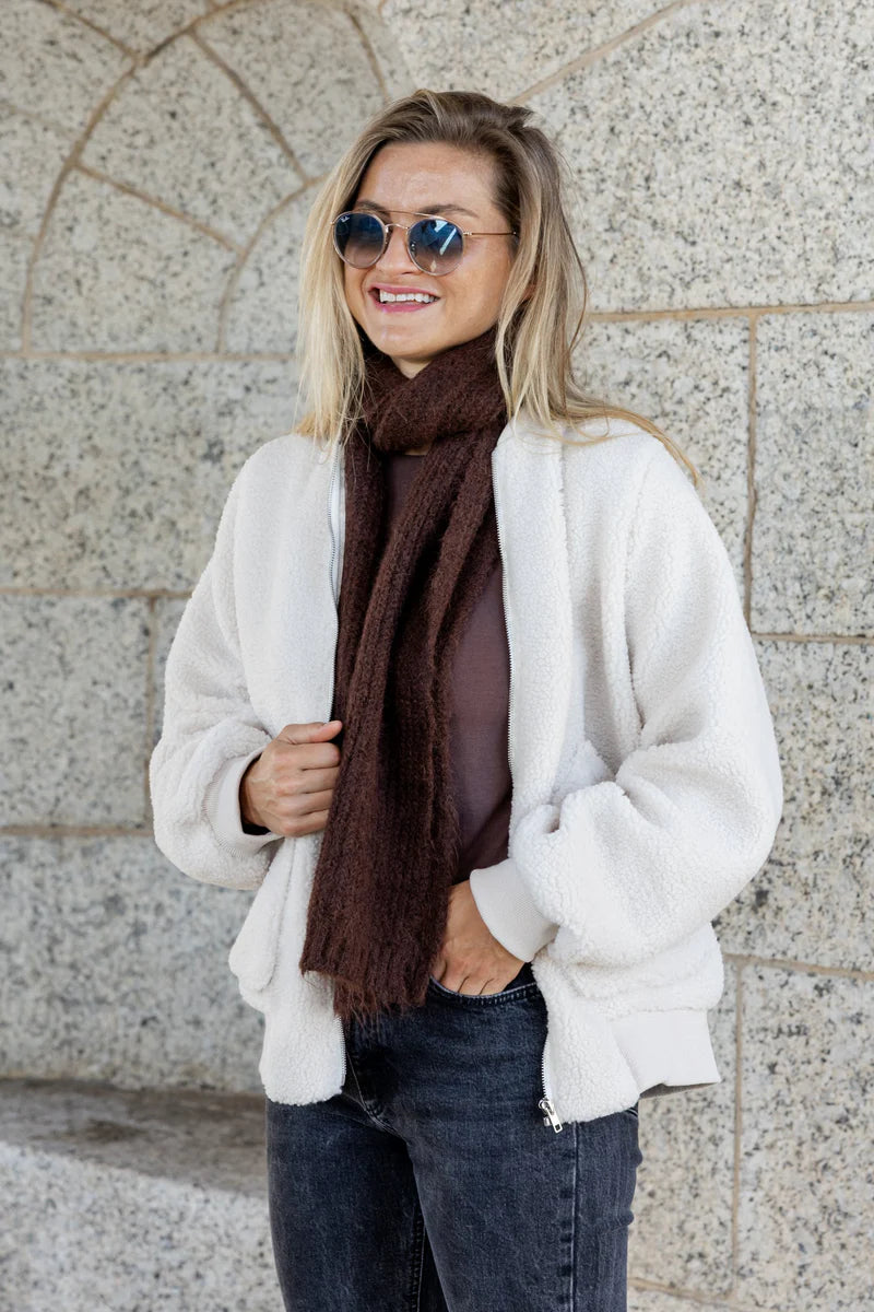 Arcadia Lined Teddy Zipper Jacket in Cream