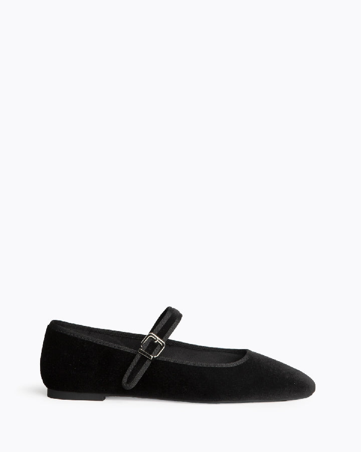 Velvet Mary Jane Flats in Pure Black
