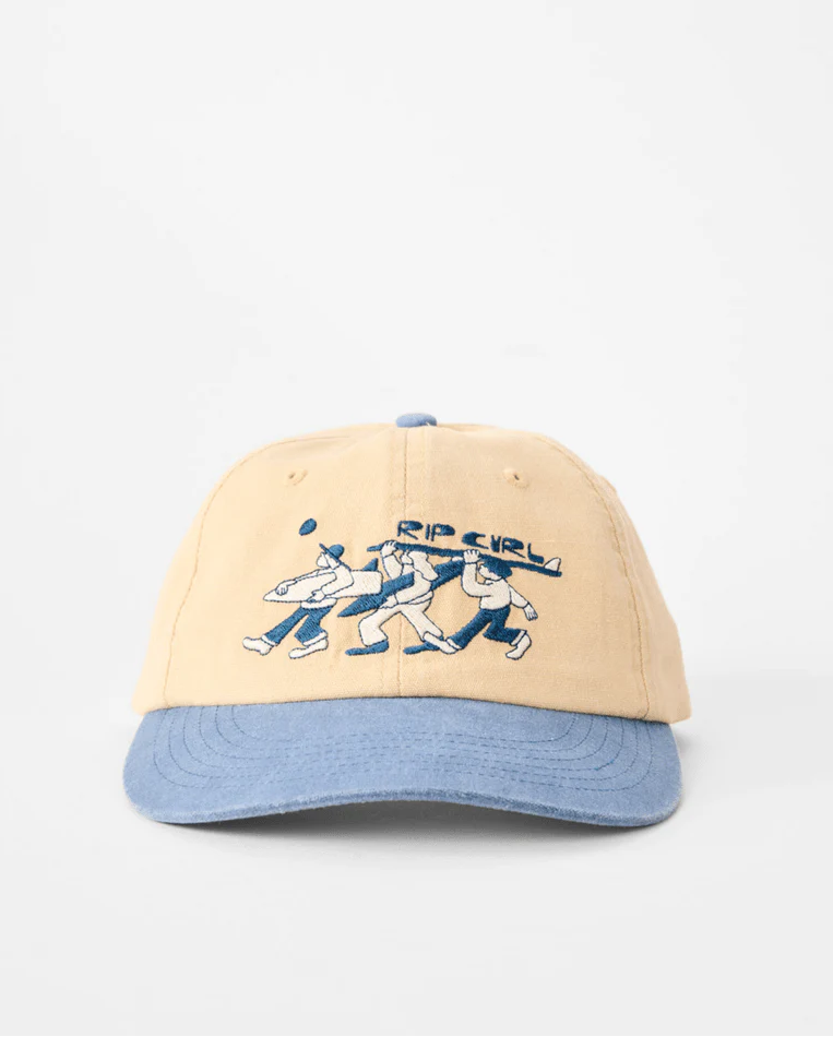 Beige and blue cap with graphic design on a white background