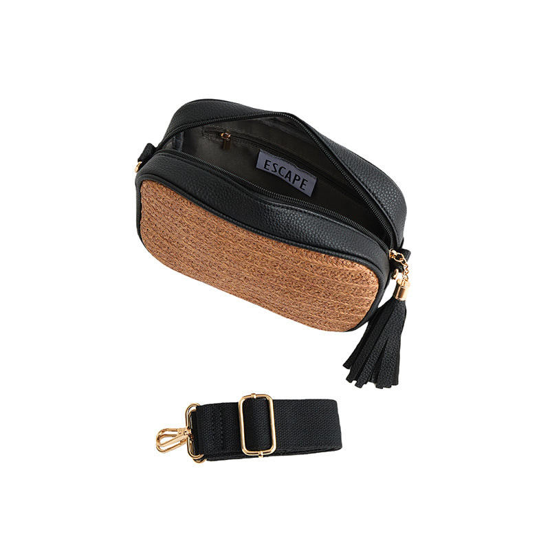 Raffia Weave Crossbody Bag in Black